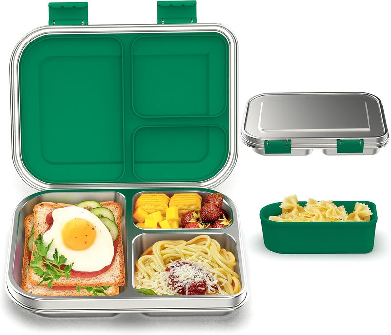BABHAMNESS Stainless Steel Bento Box Kids, 3 Compartments Leak Proof Metal Bento Lunch Box, 304 Stainless Steel Bento Lunch Containers for School and Office,Dishwasher Safe, BPA-Free-Green - Image 1